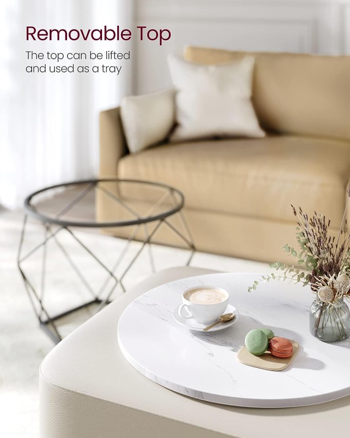 VASAGLE Couchtisch, rund, mit abnehmbarer Tischplatte – weiße Spanplatte und schwarzer Stahl (2er-Set)