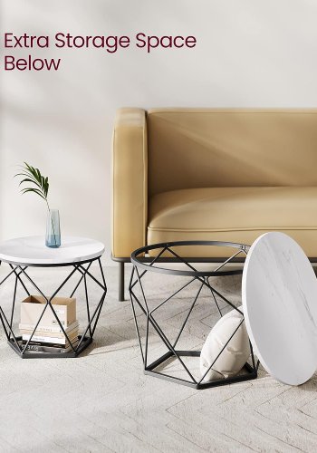 VASAGLE Couchtisch, rund, mit abnehmbarer Tischplatte – weiße Spanplatte und schwarzer Stahl (2er-Set)