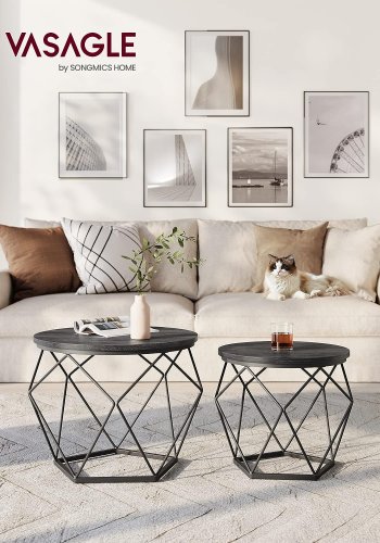 VASAGLE Couchtisch, rund, mit abnehmbarer Tischplatte – schwarze Spanplatte und schwarzer Stahl (2er-Set)