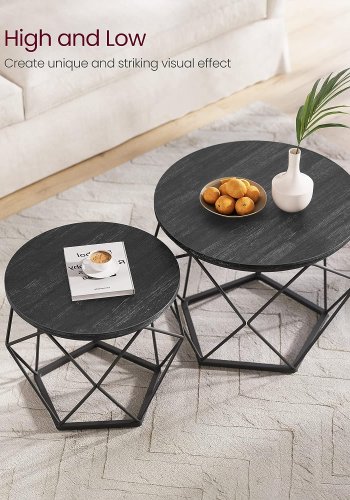 VASAGLE Couchtisch, rund, mit abnehmbarer Tischplatte – schwarze Spanplatte und schwarzer Stahl (2er-Set)