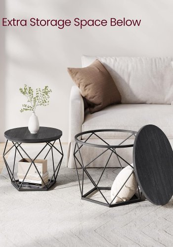 VASAGLE Couchtisch, rund, mit abnehmbarer Tischplatte – schwarze Spanplatte und schwarzer Stahl (2er-Set)