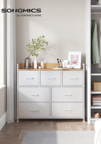 SONGMICS kommode, m. 7 skuffer med hndtak - natursponplater og hvit fiberduk/stl