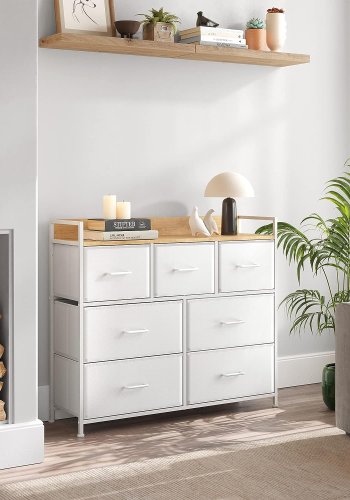 SONGMICS kommode, m. 7 skuffer med hndtak - natursponplater og hvit fiberduk/stl