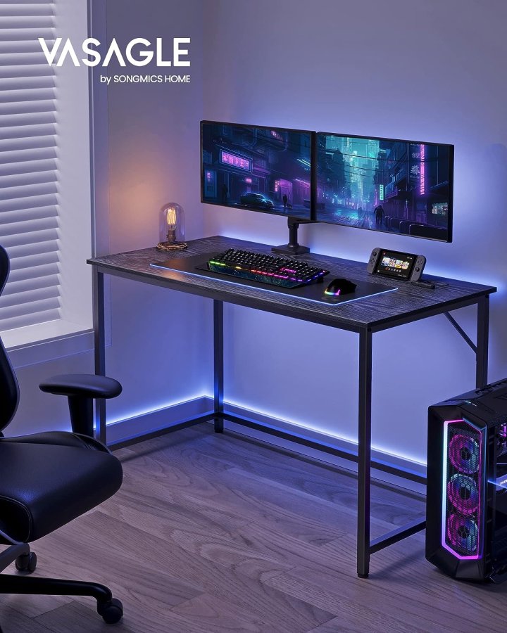 VASAGLE Skrivbord, litet datorskrivbord, kontorsskrivbord, för studier, sovrum, 60 x 120 x 75 cm, industriell design, metallram, svart, LWD039B56