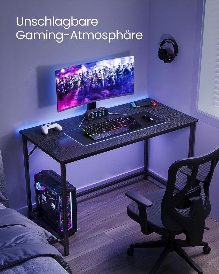 VASAGLE Skrivbord, litet datorskrivbord, kontorsskrivbord, för studier, sovrum, 60 x 120 x 75 cm, industriell design, metallram, svart, LWD039B56