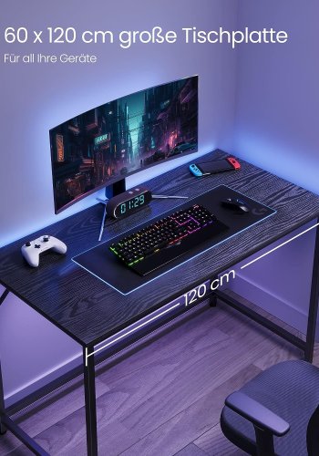 VASAGLE Skrivbord, litet datorskrivbord, kontorsskrivbord, för studier, sovrum, 60 x 120 x 75 cm, industriell design, metallram, svart, LWD039B56