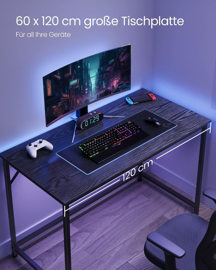 VASAGLE Skrivbord, litet datorskrivbord, kontorsskrivbord, för studier, sovrum, 60 x 120 x 75 cm, industriell design, metallram, svart, LWD039B56