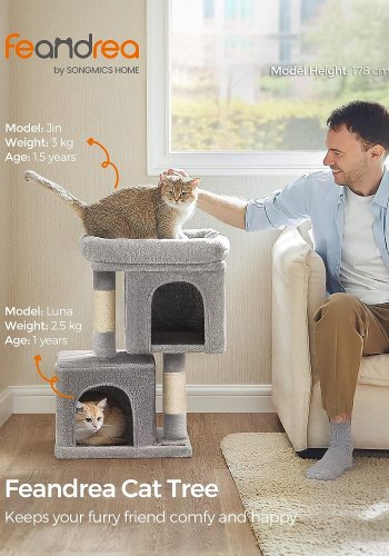 Feandrea kattetre, 67 cm kattetrn, S, katteleilighet for kattunger opptil 3 kg, stor kattabbor, 2 kattehull, skrapestolpe, lys gr PCT611W01