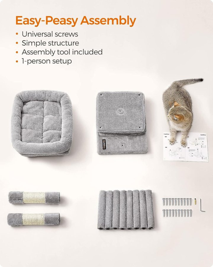 Feandrea kattetre, 67 cm kattetrn, S, katteleilighet for kattunger opptil 3 kg, stor kattabbor, 2 kattehull, skrapestolpe, lys gr PCT611W01