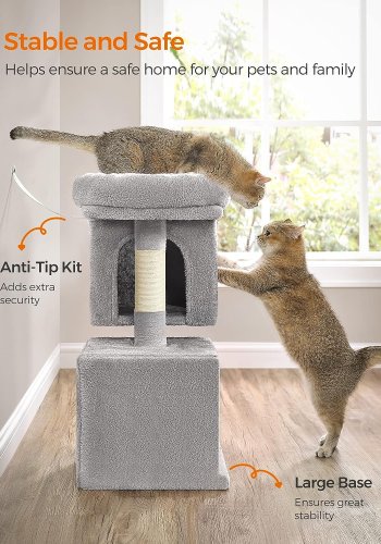 Feandrea kattetre, 67 cm kattetrn, S, katteleilighet for kattunger opptil 3 kg, stor kattabbor, 2 kattehull, skrapestolpe, lys gr PCT611W01