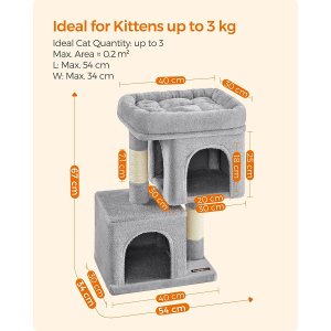 Feandrea Kratzbaum, 67 cm Katzenturm, S, Katzenwohnung für Kätzchen bis 3 kg, große Katzenstange, 2 Katzenhöhlen, Kratzbaum, hellgrau PCT611W01