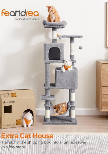 FEANDREA skrapestolpe, 6 niver, 2 plattformer, 2 huler, 2 Pom Poms, 1 hengekye - lysegr plysj