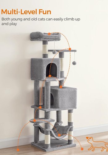 FEANDREA skrapestolpe, 6 niver, 2 plattformer, 2 huler, 2 Pom Poms, 1 hengekye - lysegr plysj