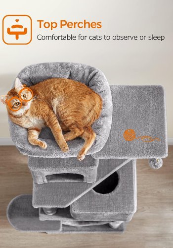 FEANDREA skrapestolpe, 6 niver, 2 plattformer, 2 huler, 2 Pom Poms, 1 hengekye - lysegr plysj