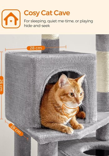 FEANDREA skrapestolpe, 6 niver, 2 plattformer, 2 huler, 2 Pom Poms, 1 hengekye - lysegr plysj