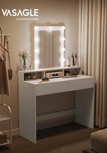 VASAGLE Tvättställsbord, LED-lampa med justerbar ljusstyrka, sminkbord med spegel, 2 ldor och 3 fack, sminkstation, modern, vit RDT164W01