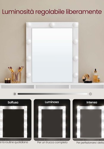 VASAGLE Tvättställsbord, LED-lampa med justerbar ljusstyrka, sminkbord med spegel, 2 ldor och 3 fack, sminkstation, modern, vit RDT164W01