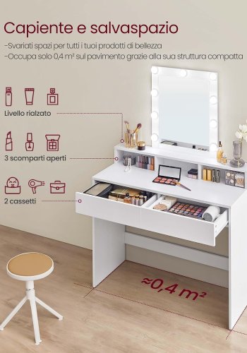 VASAGLE Tvättställsbord, LED-lampa med justerbar ljusstyrka, sminkbord med spegel, 2 ldor och 3 fack, sminkstation, modern, vit RDT164W01