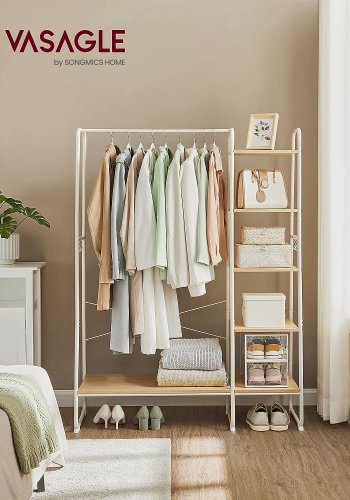 VASAGLE klesstativ, med hengestang, 6 avtakbare kroker, 6 hyller - naturlig sponplate og hvitt stl