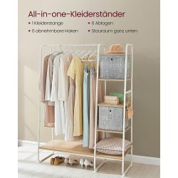 T�jstativ, m. b�jlestang, 6 aftagelige kroge, 6 hylder - natur sp�nplade og hvid st�l