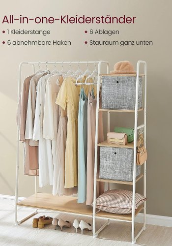 VASAGLE klesstativ, med hengestang, 6 avtakbare kroker, 6 hyller - naturlig sponplate og hvitt stl