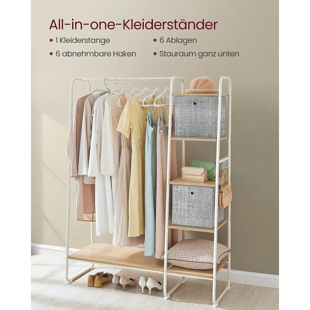 T�jstativ, m. b�jlestang, 6 aftagelige kroge, 6 hylder - natur sp�nplade og hvid st�l