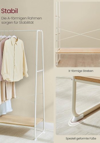 VASAGLE klesstativ, med hengestang, 6 avtakbare kroker, 6 hyller - naturlig sponplate og hvitt stl