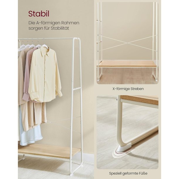 T�jstativ, m. b�jlestang, 6 aftagelige kroge, 6 hylder - natur sp�nplade og hvid st�l