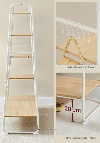VASAGLE klesstativ, med hengestang, 6 avtakbare kroker, 6 hyller - naturlig sponplate og hvitt stl