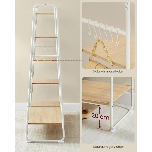 T�jstativ, m. b�jlestang, 6 aftagelige kroge, 6 hylder - natur sp�nplade og hvid st�l