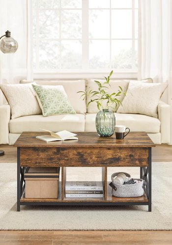 VASAGLE Soffbord, bord med lyftskiva Soffbord f&ouml;r vardagsrummet, soffbord med &ouml;ppen och dold f&ouml;rvaring, X-formade st&auml;nger, 60 x 100 x (48-62) cm, rustikbrun och svart LCT205B01