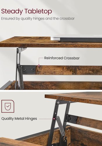 VASAGLE Soffbord, bord med lyftskiva Soffbord f&ouml;r vardagsrummet, soffbord med &ouml;ppen och dold f&ouml;rvaring, X-formade st&auml;nger, 60 x 100 x (48-62) cm, rustikbrun och svart LCT205B01