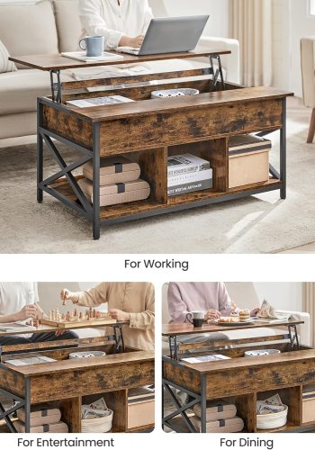 VASAGLE Soffbord, bord med lyftskiva Soffbord f&ouml;r vardagsrummet, soffbord med &ouml;ppen och dold f&ouml;rvaring, X-formade st&auml;nger, 60 x 100 x (48-62) cm, rustikbrun och svart LCT205B01