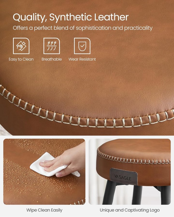 VASAGLE Barhocker mit Fußstütze – karamellbraunes Kunstleder und Stahl (2er-Set)