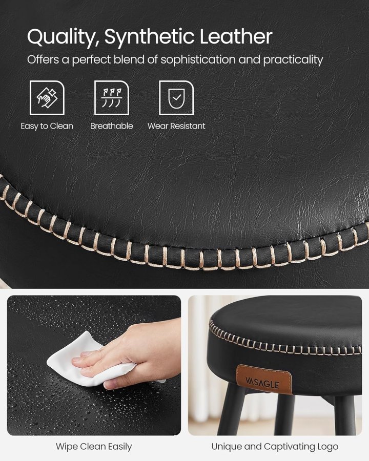 VASAGLE Barhocker mit Fußstütze – schwarzes Kunstleder und Stahl (2er-Set)