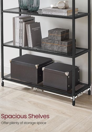 VASAGLE bokhylle, m. 5 hyller - grtt glass og sort stl