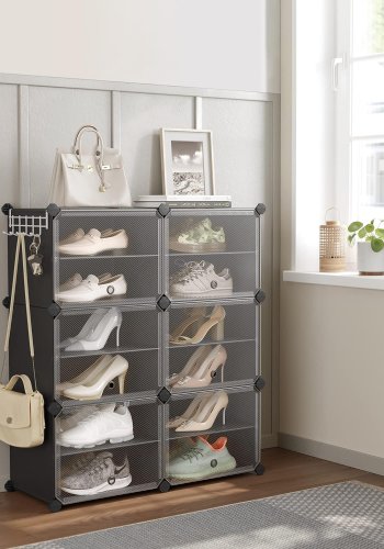 SONGMICS skostativ, m. 6 rom, 6 hyller - klar/svart plast og stl