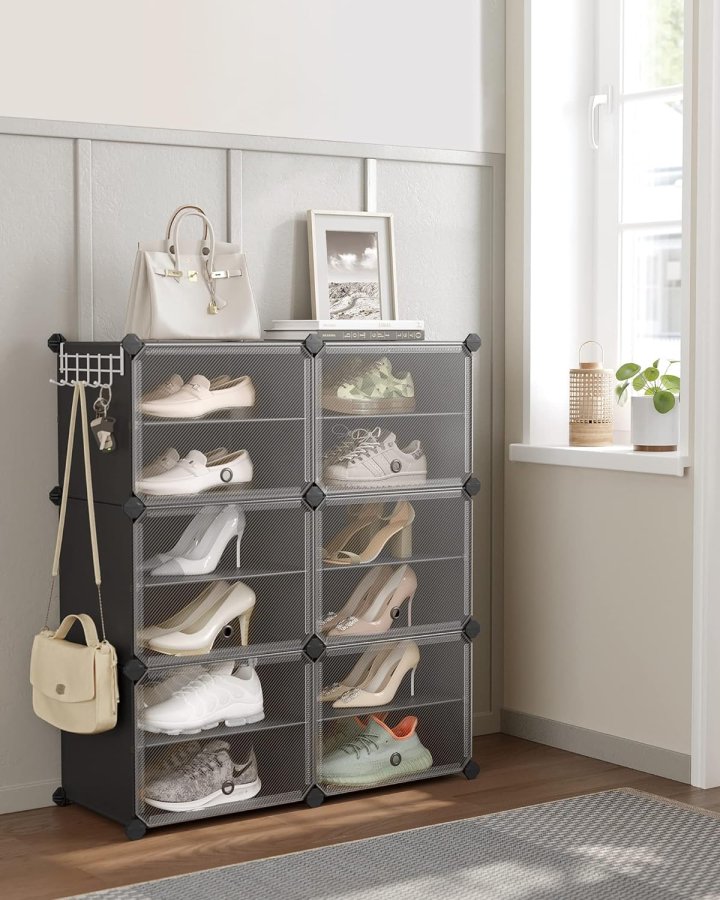 SONGMICS skostativ, m. 6 rom, 6 hyller - klar/svart plast og stl