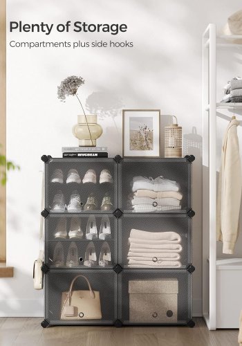 SONGMICS skostativ, m. 6 rom, 6 hyller - klar/svart plast og stl