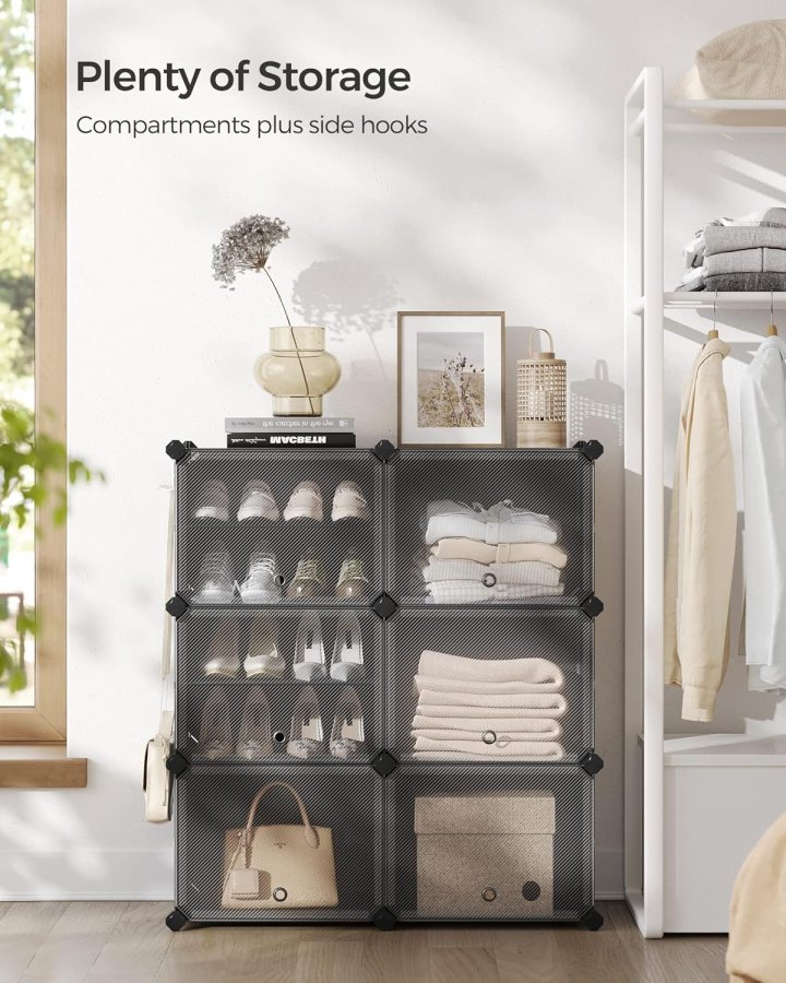 SONGMICS skostativ, m. 6 rom, 6 hyller - klar/svart plast og stl