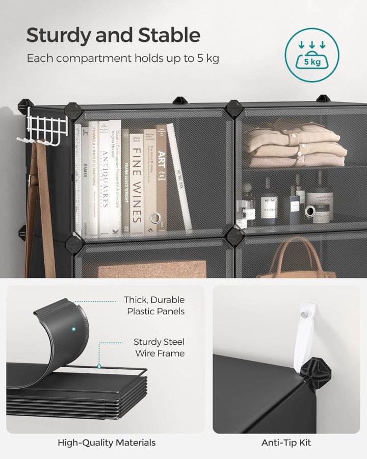 SONGMICS skostativ, m. 6 rom, 6 hyller - klar/svart plast og stl