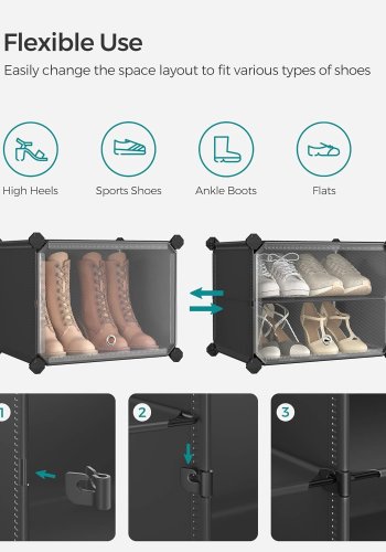 SONGMICS skostativ, m. 6 rom, 6 hyller - klar/svart plast og stl