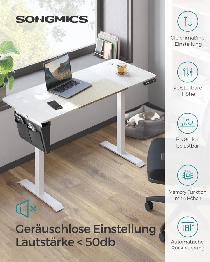 SONGMICS forhyet nedre bord, rektangulrt - hvit sponplate og hvitt stl (60x140)