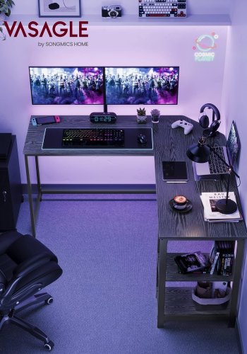 
VASAGLE l-formet hjørneskrivebord - sort sponplate med trestruktur og stål, 2 hyller
