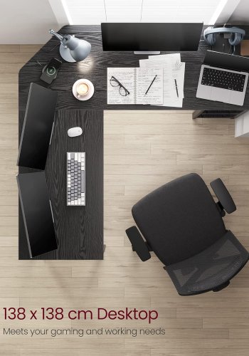 
VASAGLE l-formet hjørneskrivebord - sort sponplate med trestruktur og stål, 2 hyller
