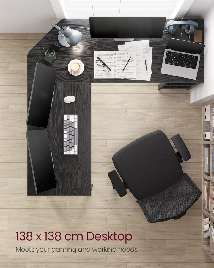 
VASAGLE l-formet hjørneskrivebord - sort sponplate med trestruktur og stål, 2 hyller
