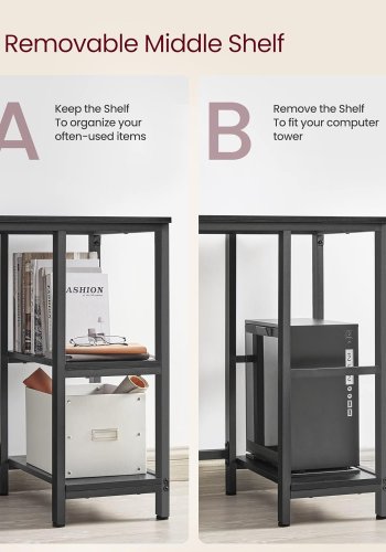 
VASAGLE l-formet hjørneskrivebord - sort sponplate med trestruktur og stål, 2 hyller
