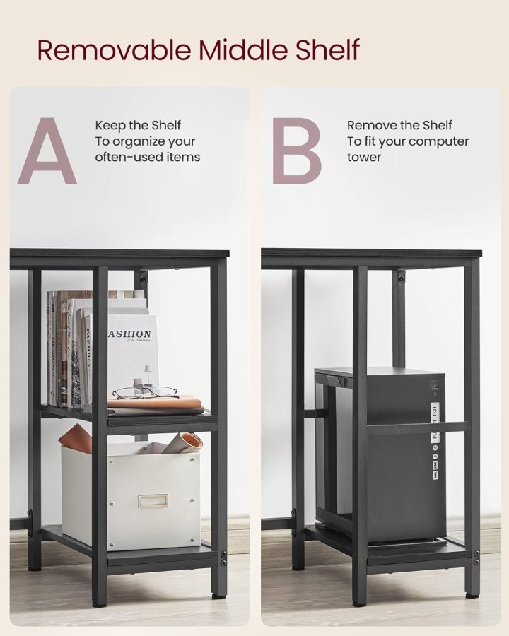 
VASAGLE l-formet hjørneskrivebord - sort sponplate med trestruktur og stål, 2 hyller
