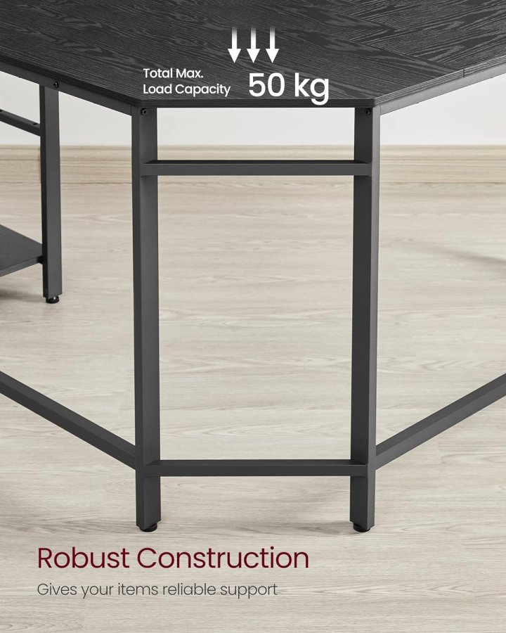 
VASAGLE l-formet hjørneskrivebord - sort sponplate med trestruktur og stål, 2 hyller
