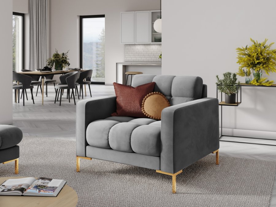 MICADONI Mamaia lenestol, m armlener, 1 sete - gr flyel og gullmetall